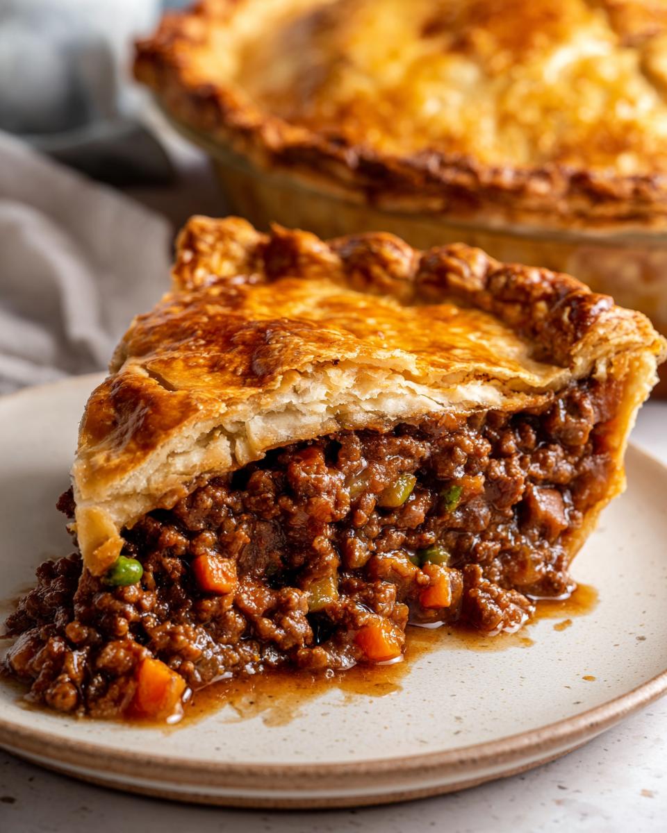 Close-up of a hearty slice of meat pie showing rich, savory filling and a golden, flaky crust.