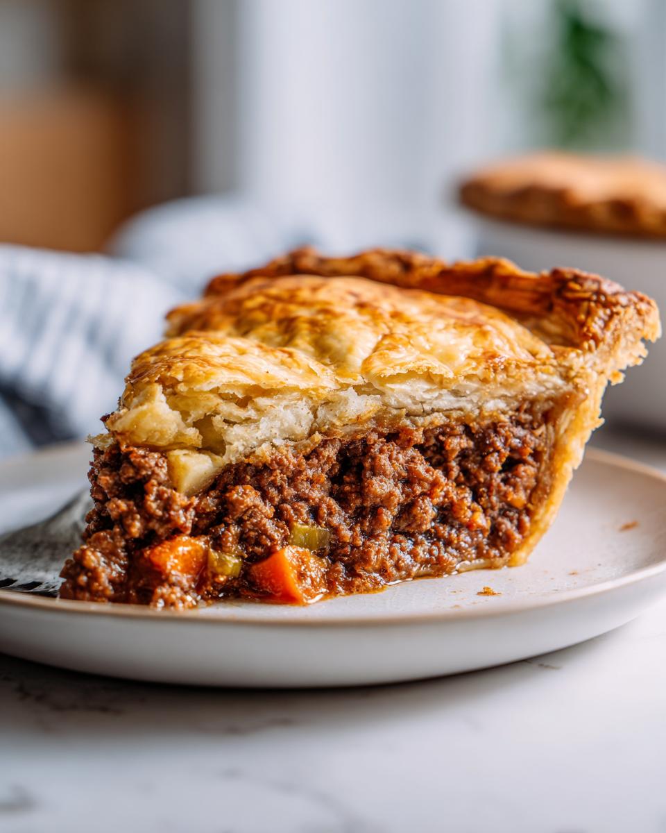 Close-up of a thick slice of meat pie showing rich, savory filling and a golden, flaky pastry crust.
