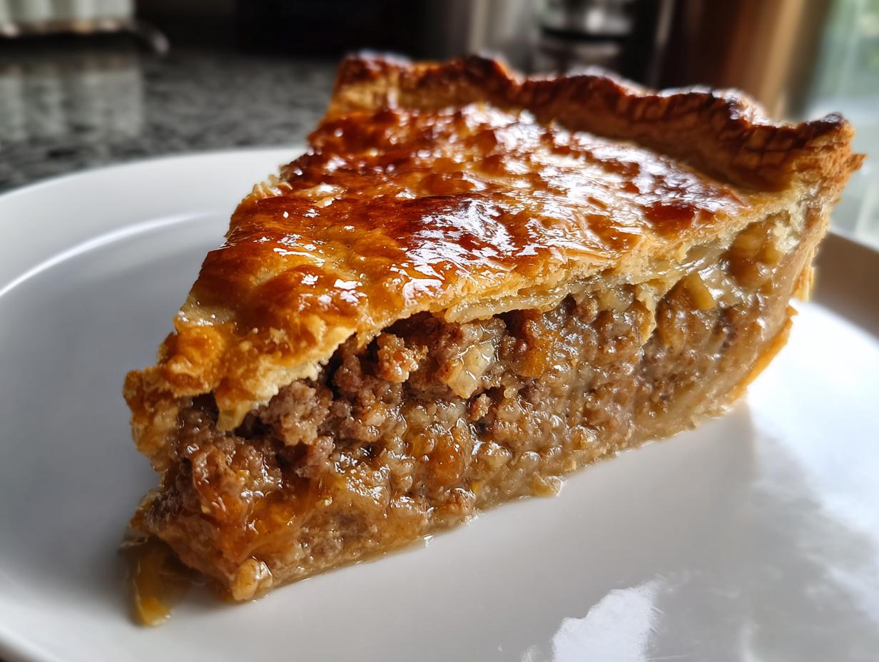 Close-up of a thick slice of savory meat pie with a flaky, golden-brown crust and rich filling.