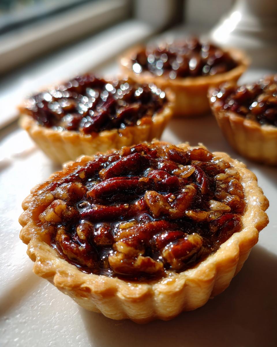 Close-up of shiny, gooey mini pecan pies with flaky crusts, ready to eat.