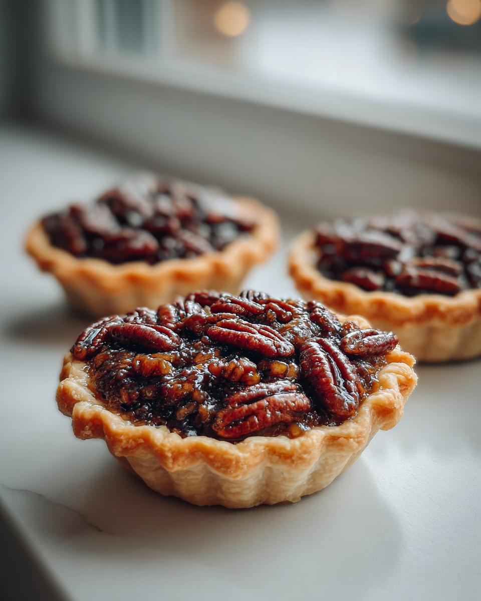 Close-up of one perfectly baked mini pecan pie with a flaky crust and glossy pecan topping.