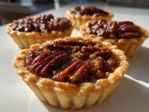 Four freshly baked mini pecan pies with glossy caramel filling and pecan halves, ready to eat.