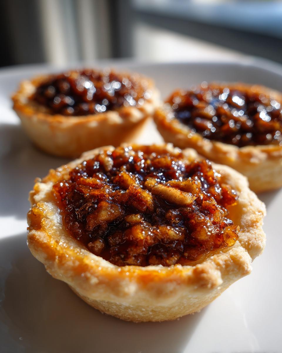 Close-up of three golden-crusted mini pecan pies with a glossy, dark brown pecan filling.