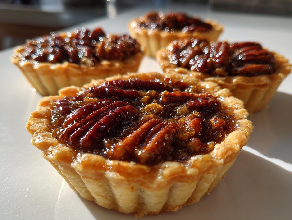 Four freshly baked mini pecan pies with glossy caramel filling and pecan halves, ready to eat.