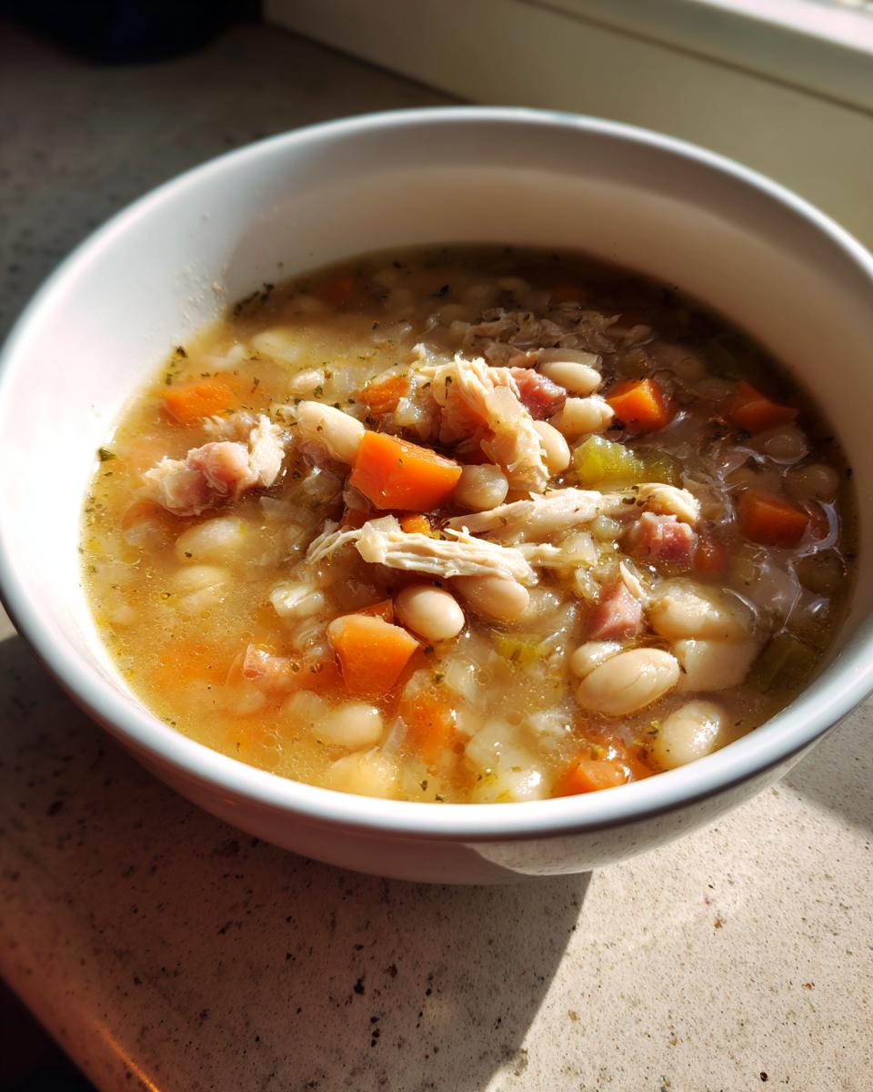 Close-up of a white bowl filled with hearty navy bean soup, featuring white beans, shredded chicken, and diced carrots.