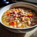 Close-up of a hearty bowl of navy bean soup, featuring white beans, shredded ham, carrots, and celery in a savory broth.
