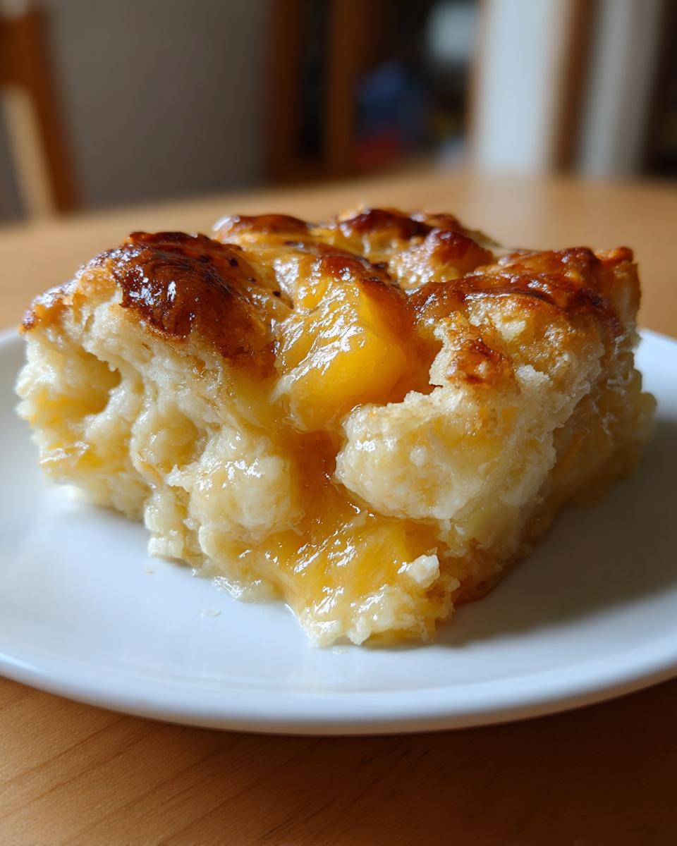 Close-up of a square serving of warm peach cobbler with a golden, bubbly topping on a white plate.