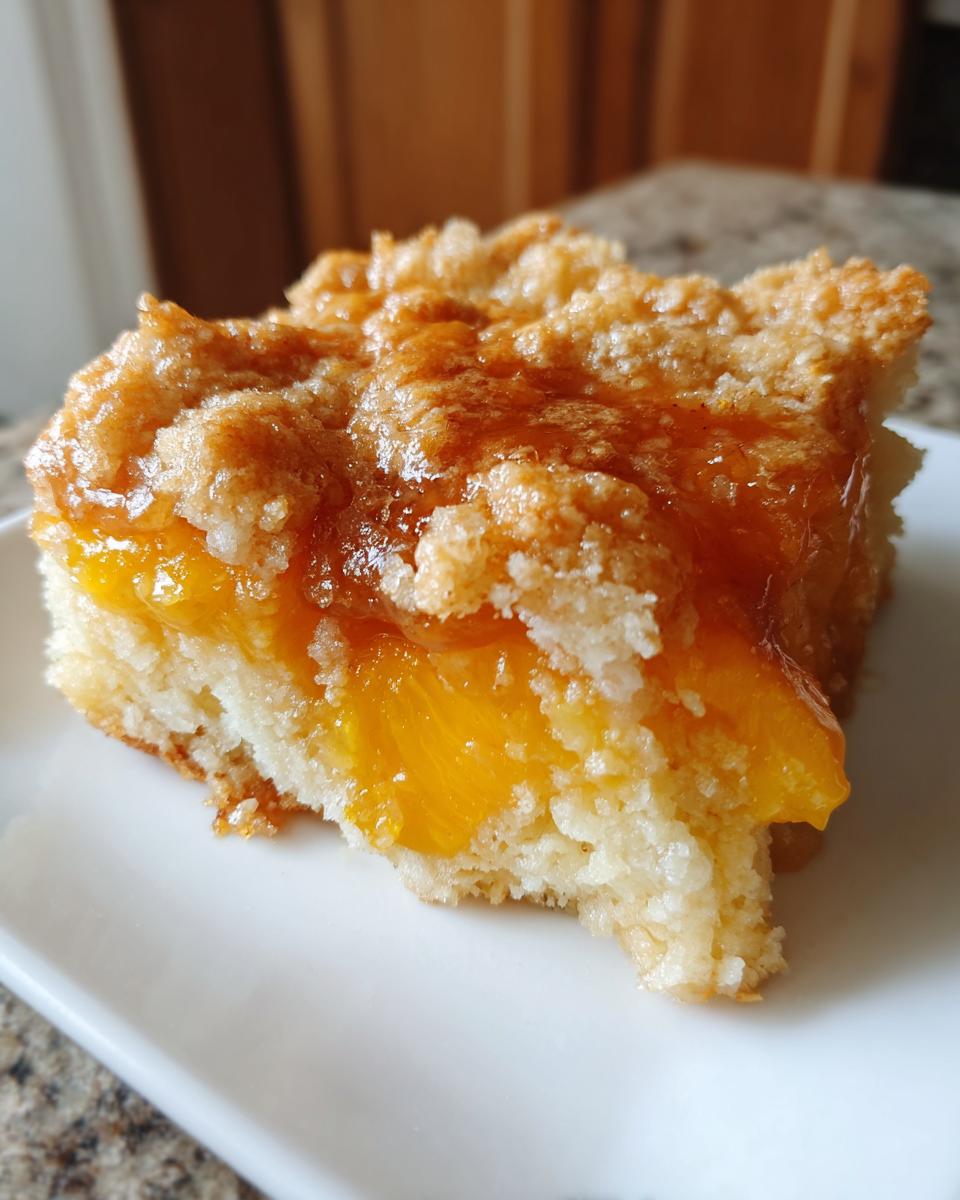 Close-up of a square slice of peach cobbler showing bright orange peaches and a sugary, crumbly topping on a white plate.