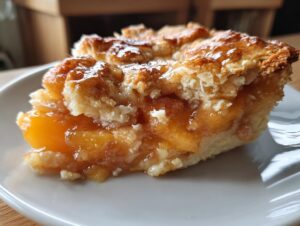Close-up of a delicious slice of peach cobbler showing gooey fruit filling and a golden, glazed topping.