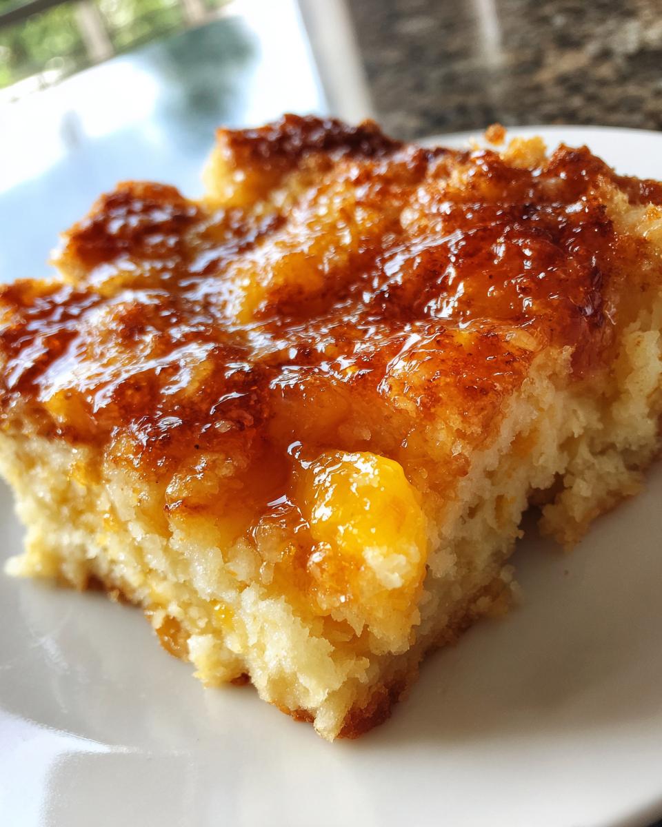 A close-up of a square slice of peach cobbler with a glistening, caramelized topping on a white plate.
