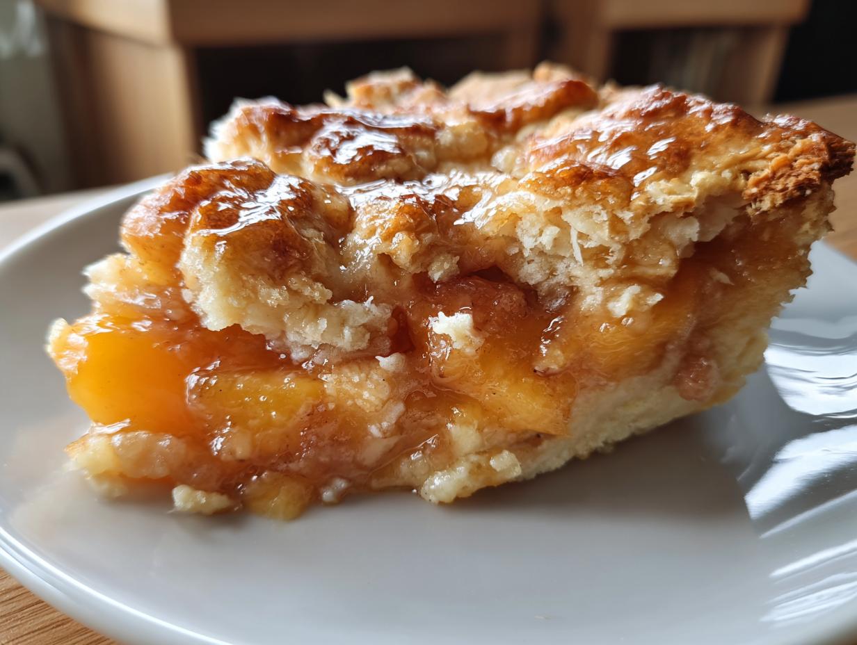 Close-up of a delicious slice of peach cobbler showing gooey fruit filling and a golden, glazed topping.