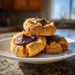 A stack of three sugary peanut butter blossom cookies topped with rich chocolate frosting.