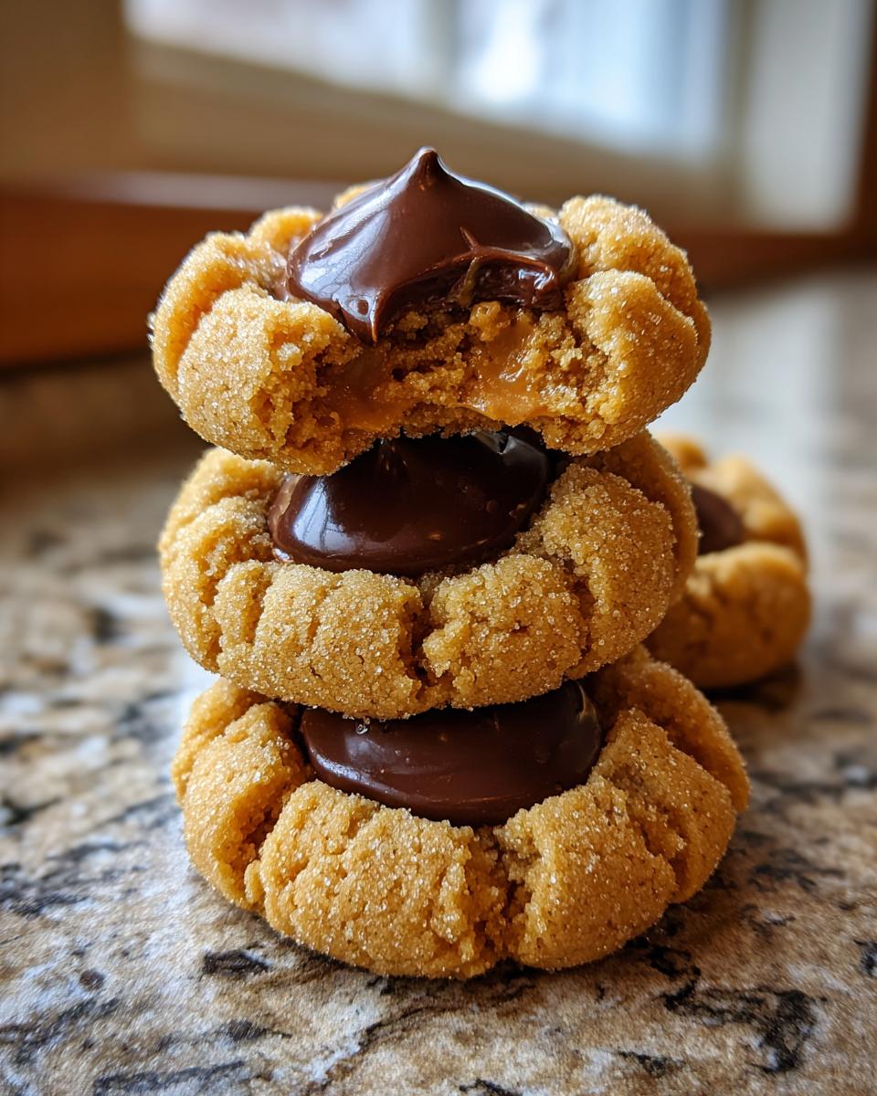 A vertical stack of three peanut butter blossom cookies, with the top one broken open to show the soft interior and chocolate kiss.