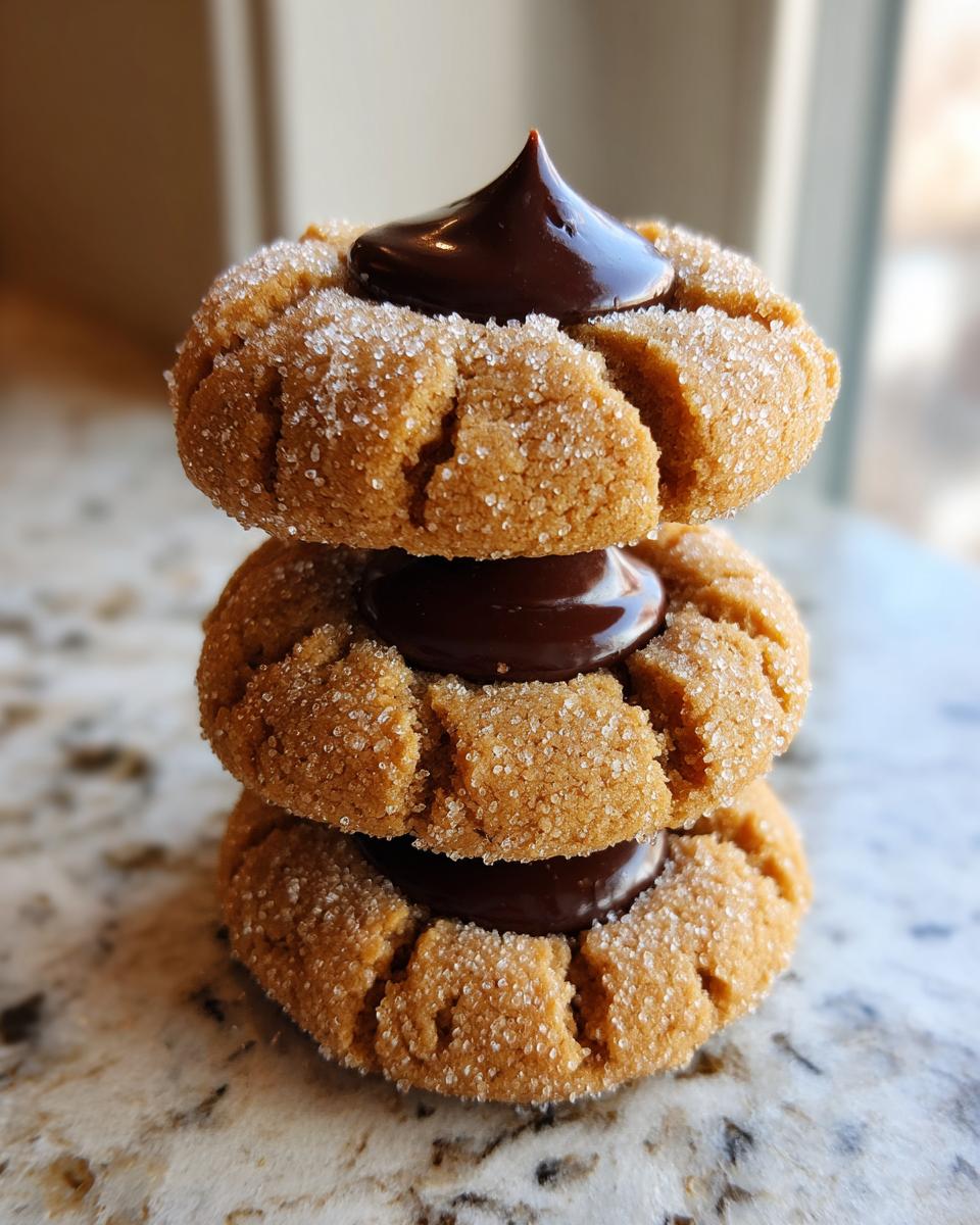 A stack of three sugar-coated peanut butter blossom cookies, each topped with a dollop of melted chocolate.