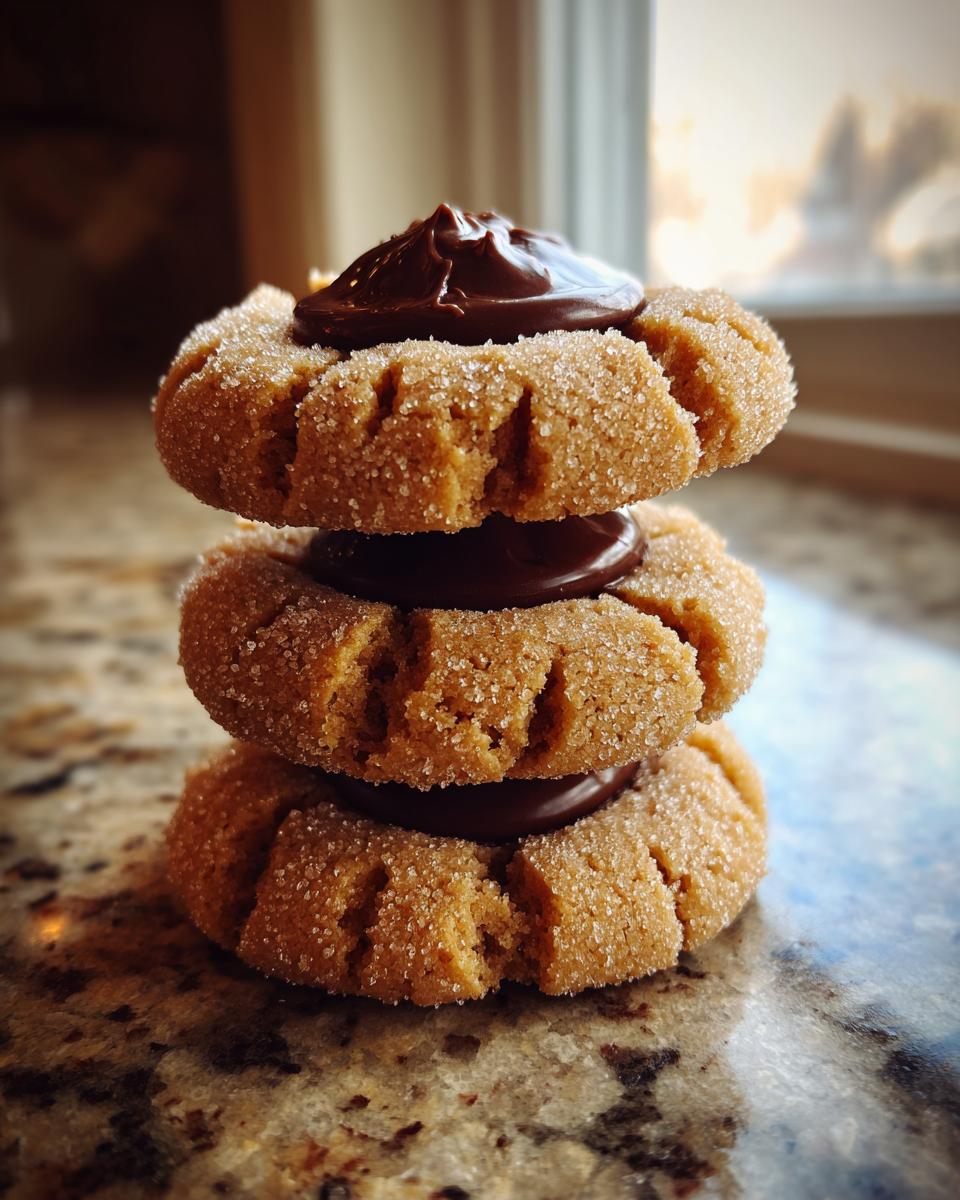 A stack of three sugar-coated peanut butter blossom cookies filled with melted chocolate, photographed close-up.