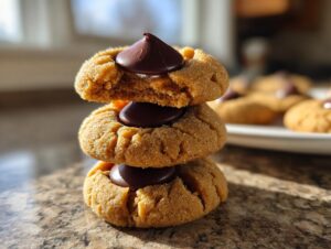 A stack of three delicious peanut butter blossom cookies, with the top one broken to show the texture.