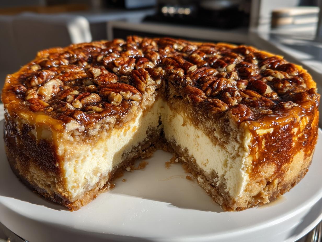 A rich pecan pie cheesecake with a slice cut out, showing the creamy filling and pecan topping.