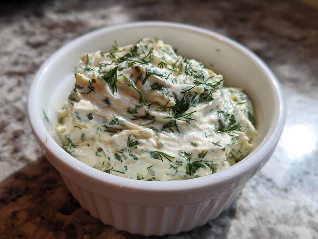 Close-up of creamy, herbed pickle dip swirled in a small white ramekin.