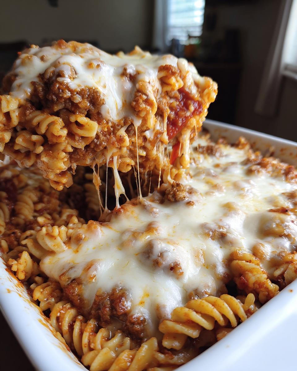 A serving spoon lifts a portion of cheesy pizza pasta, showing long cheese pulls over rotini pasta and meat sauce.