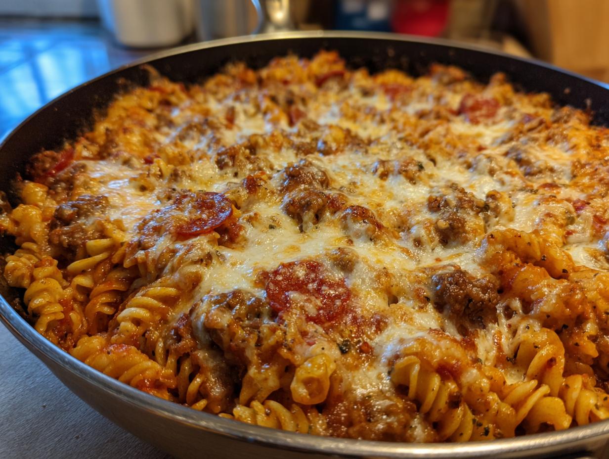 Close-up of baked pizza pasta with melted cheese, sausage, and pepperoni in a skillet.