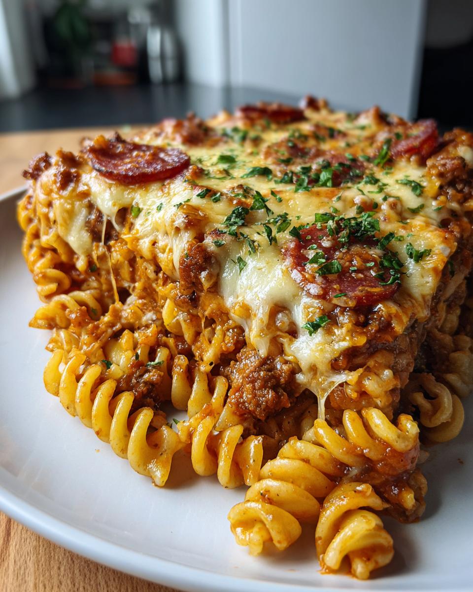 A close-up of a hearty slice of baked pizza pasta, topped with melted cheese, pepperoni, and parsley.