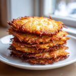 A tall stack of six golden-brown, crispy potato pancakes served on a white plate.