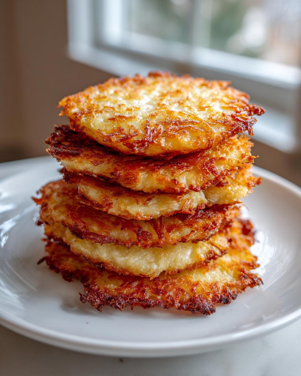 A tall stack of five golden-brown, crispy potato pancakes served on a white plate.