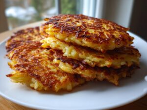 A stack of crispy, golden brown potato pancakes piled high on a white plate, ready to eat.
