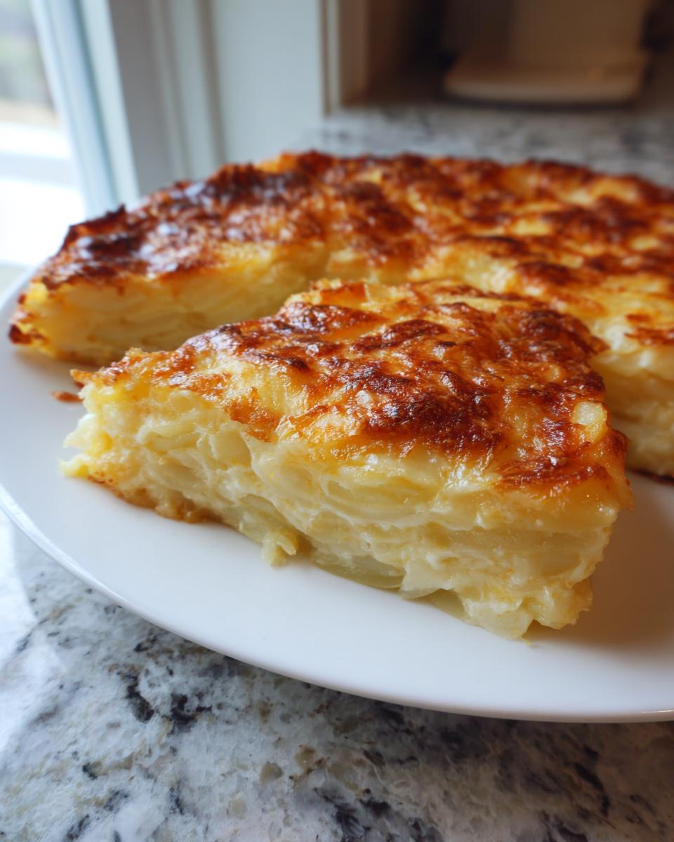 A thick slice of creamy potatoes au gratin with a deeply browned, cheesy crust served on a white plate.
