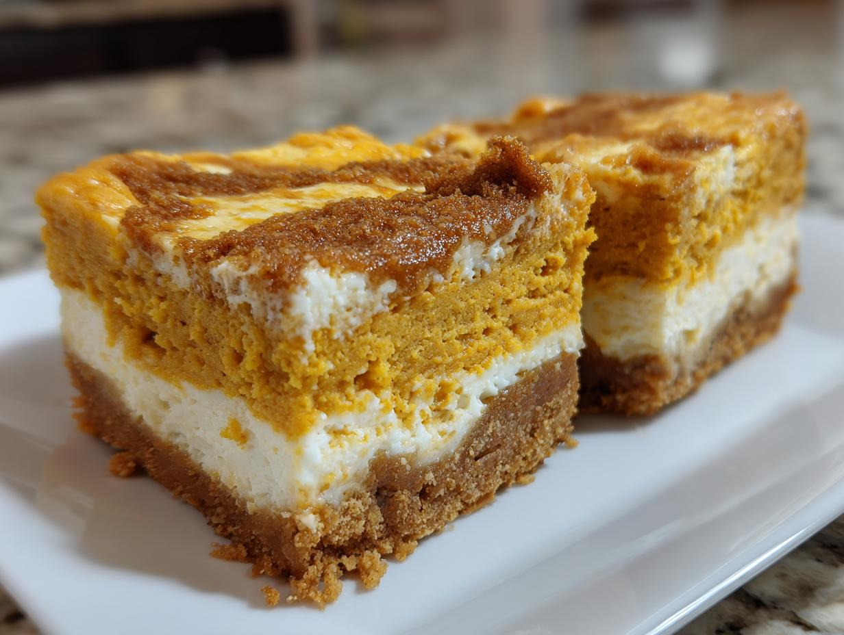 Two thick slices of layered pumpkin cheesecake bars showing a graham cracker crust, cream cheese layer, and spiced pumpkin layer.