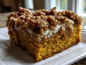 A moist slice of pumpkin crunch cake featuring a bright orange base, a layer of white cream cheese filling, and a crunchy brown streusel topping.