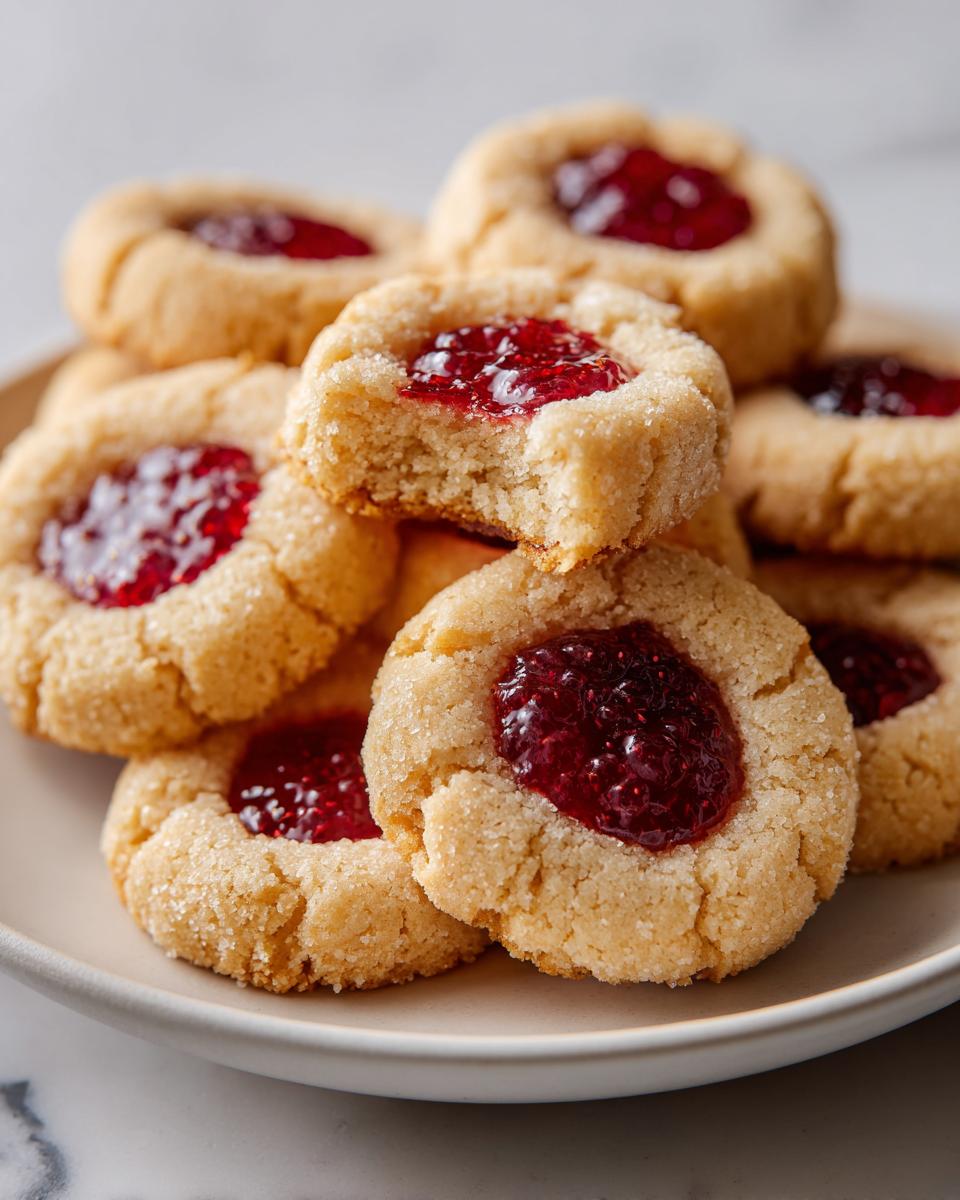 A stack of delicious raspberry thumbprint cookies, one cookie on top has a bite taken out of it.