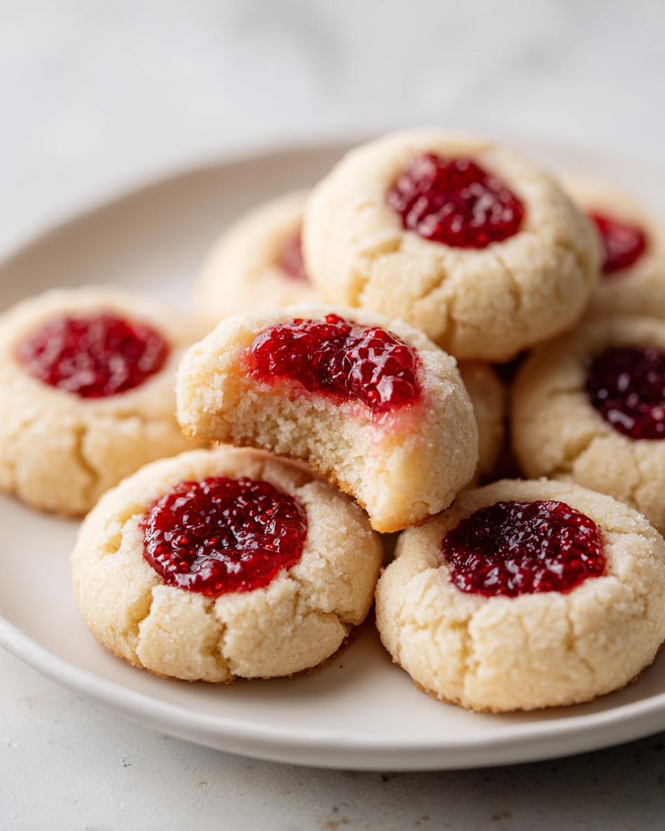 A stack of buttery raspberry thumbprint cookies on a white plate, one cookie is broken in half showing the soft interior.