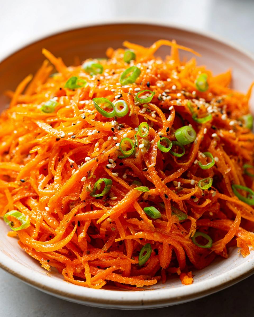 Close-up of a vibrant raw carrot salad made with shredded carrots, topped with sesame seeds and sliced green onions.