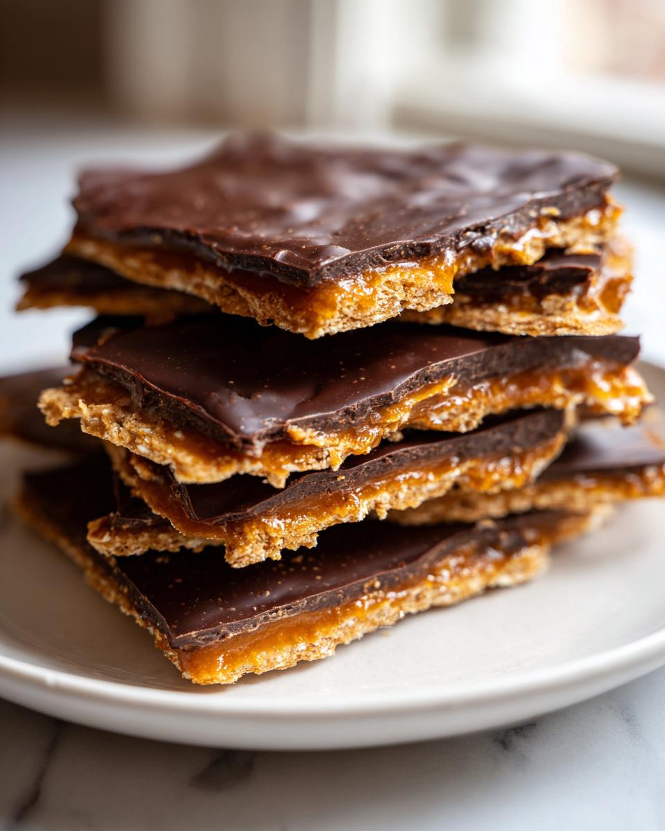 Close-up of stacked pieces of amazing saltine cracker toffee showing chocolate, caramel, and cracker layers.