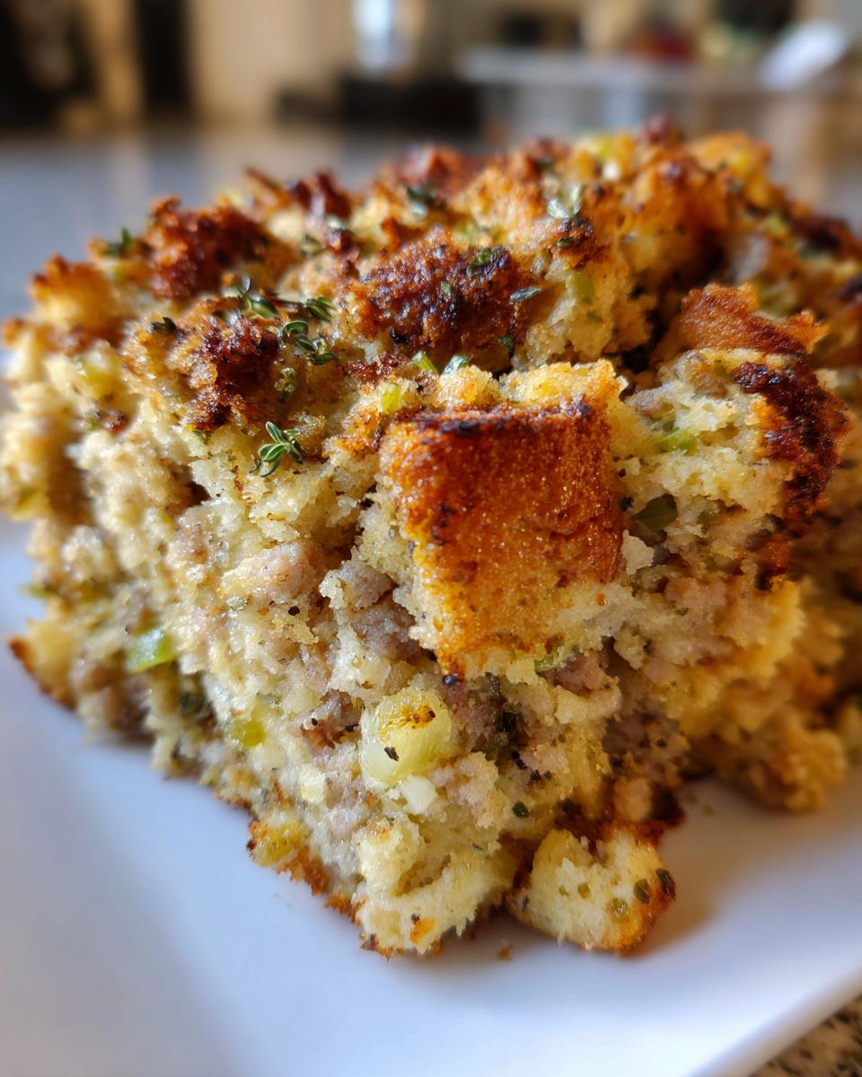 A close-up, macro shot of a serving of savory sausage stuffing showing crispy browned edges and herbs.