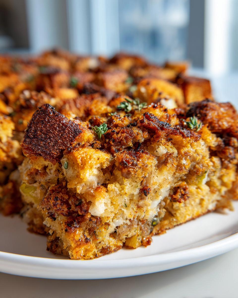 A close-up shot of a perfectly baked slice of sausage stuffing, featuring crispy edges and fresh thyme garnish.