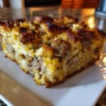A close-up, tempting slice of baked sausage stuffing with a crispy, golden-brown top.