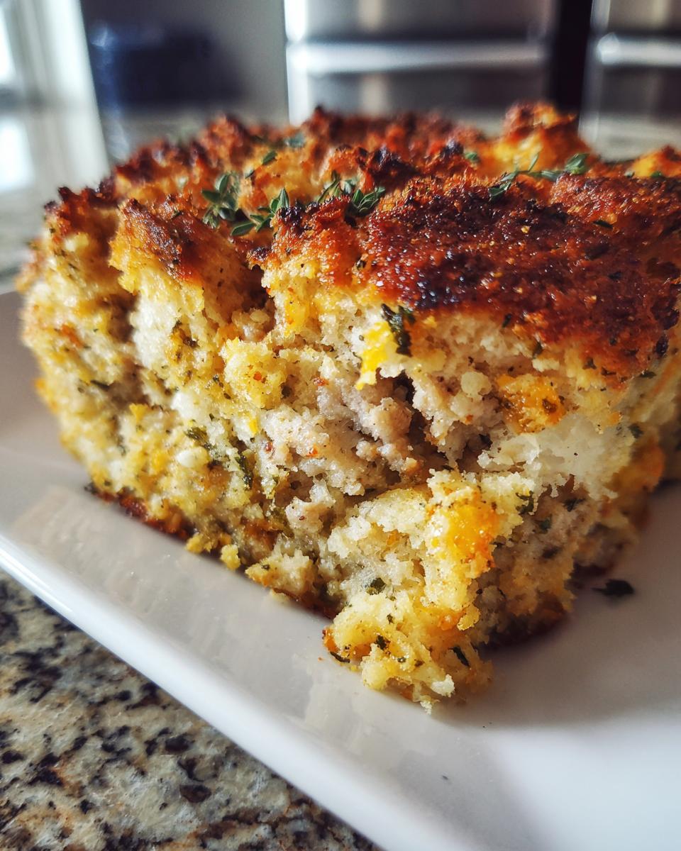 Close-up of a moist, golden-brown slice of sausage stuffing garnished with fresh thyme.