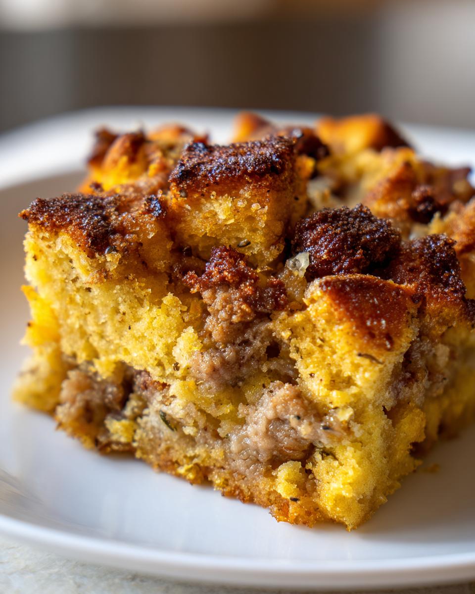 Close-up of a square slice of moist sausage stuffing with a golden, crispy top layer.