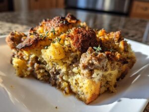 A close-up of a moist slice of amazing sausage stuffing, featuring browned bread and crumbled sausage, garnished with fresh thyme.