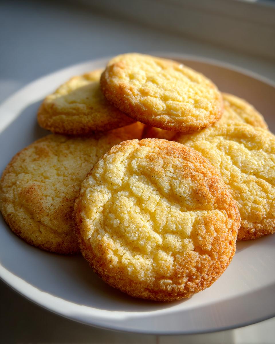A stack of golden brown, crinkled top sugar cookie treats piled on a white plate.
