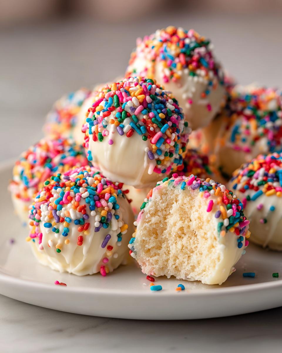 A pile of white chocolate-dipped sugar cookie truffles covered in colorful sprinkles, one is bitten into showing the soft interior.