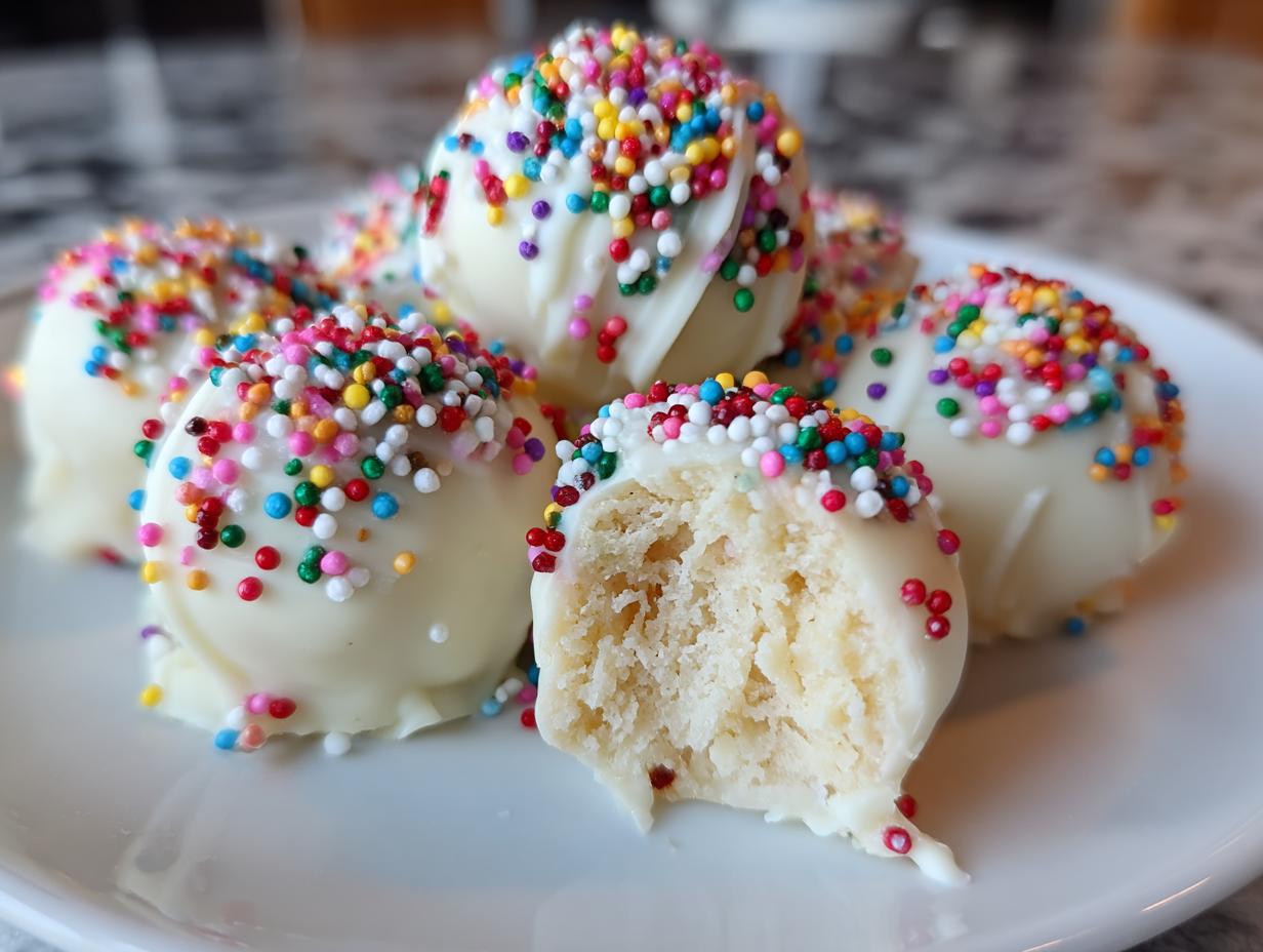 Close-up of several white chocolate-coated sugar cookie truffles topped with colorful sprinkles, one is bitten open.
