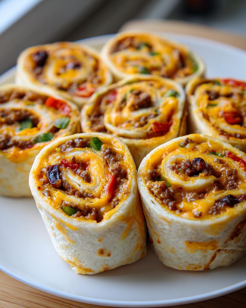 A plate filled with freshly made taco pinwheels, showing the swirl of seasoned ground beef, melted cheddar cheese, and peppers.