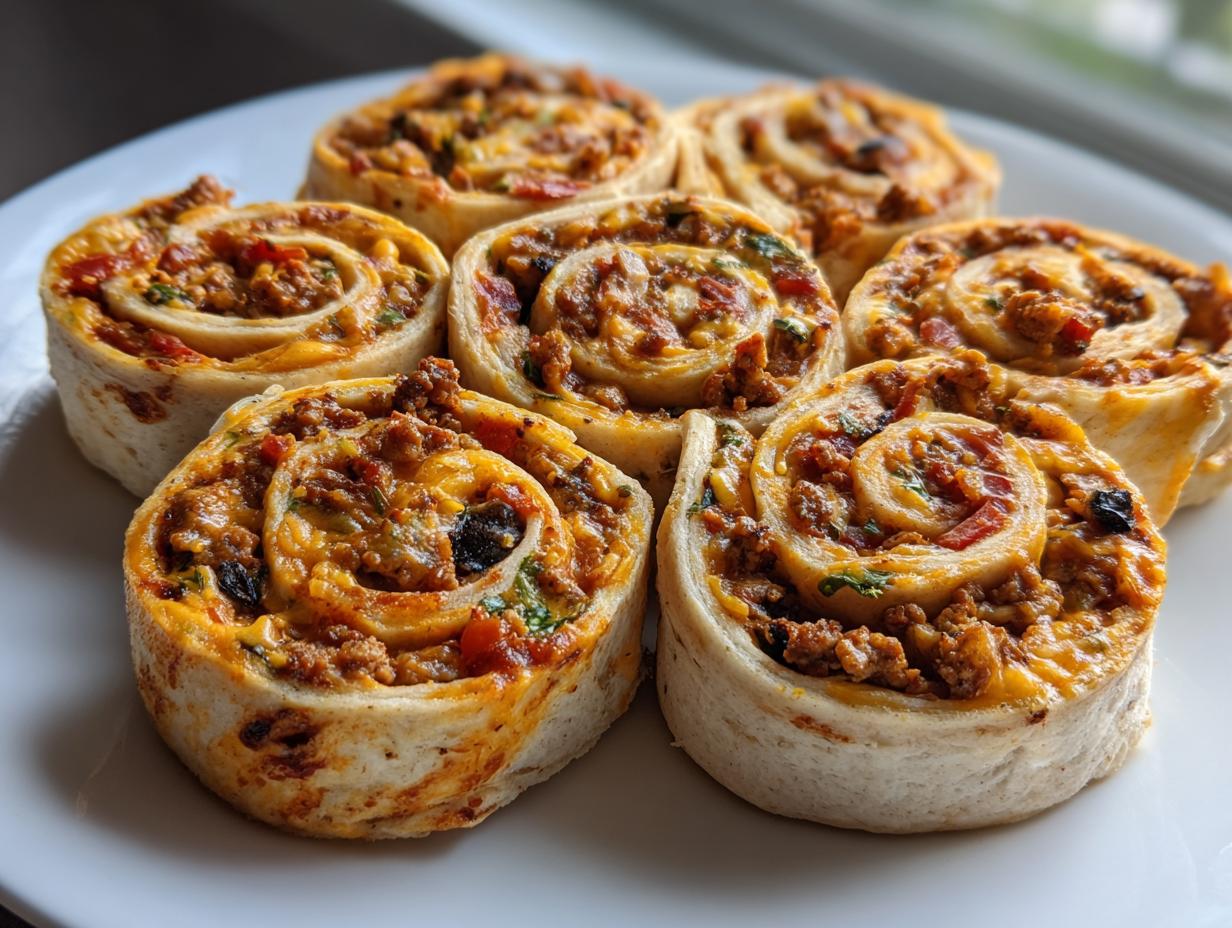 Close-up of six baked taco pinwheels filled with seasoned ground meat, cheese, and vegetables, arranged on a white plate.