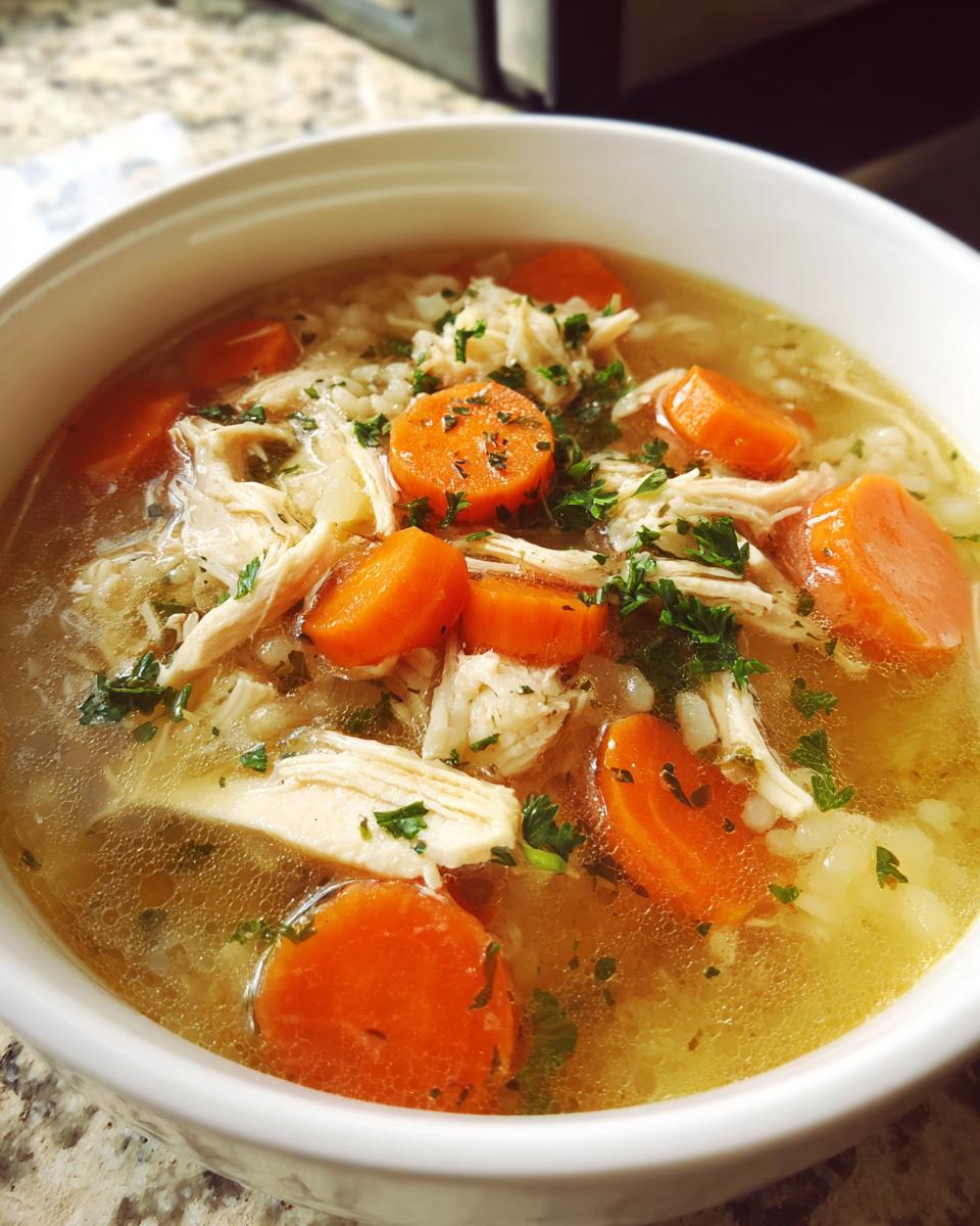 Close-up of a white bowl filled with amazing turkey soup, featuring shredded turkey, thick carrot slices, and rice.