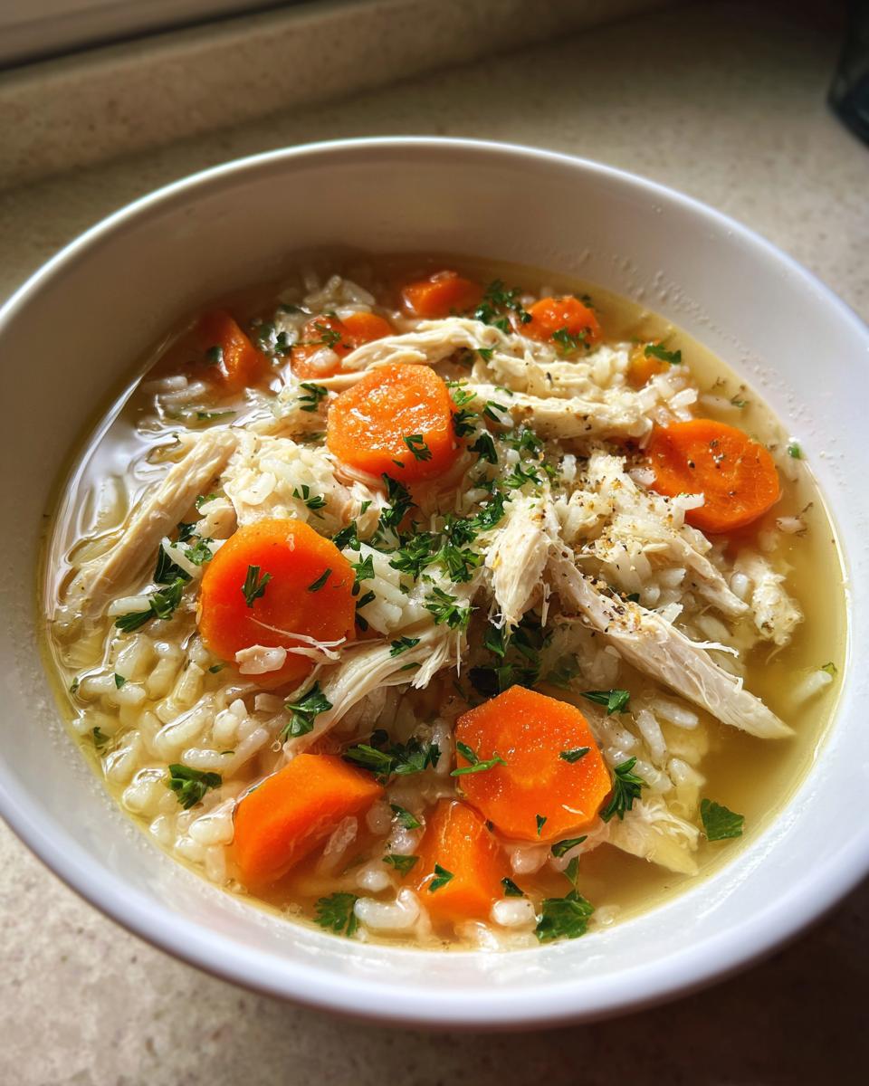 Close-up of a white bowl filled with delicious turkey soup featuring shredded turkey, white rice, bright orange carrots, and fresh parsley.