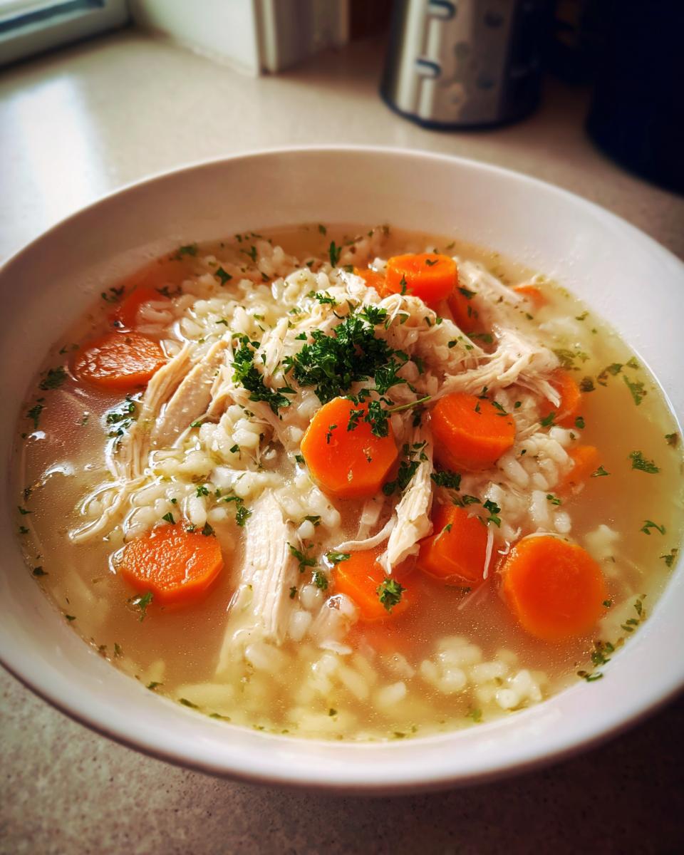Close-up of a white bowl filled with comforting turkey soup, featuring shredded turkey, rice, bright orange carrots, and parsley.