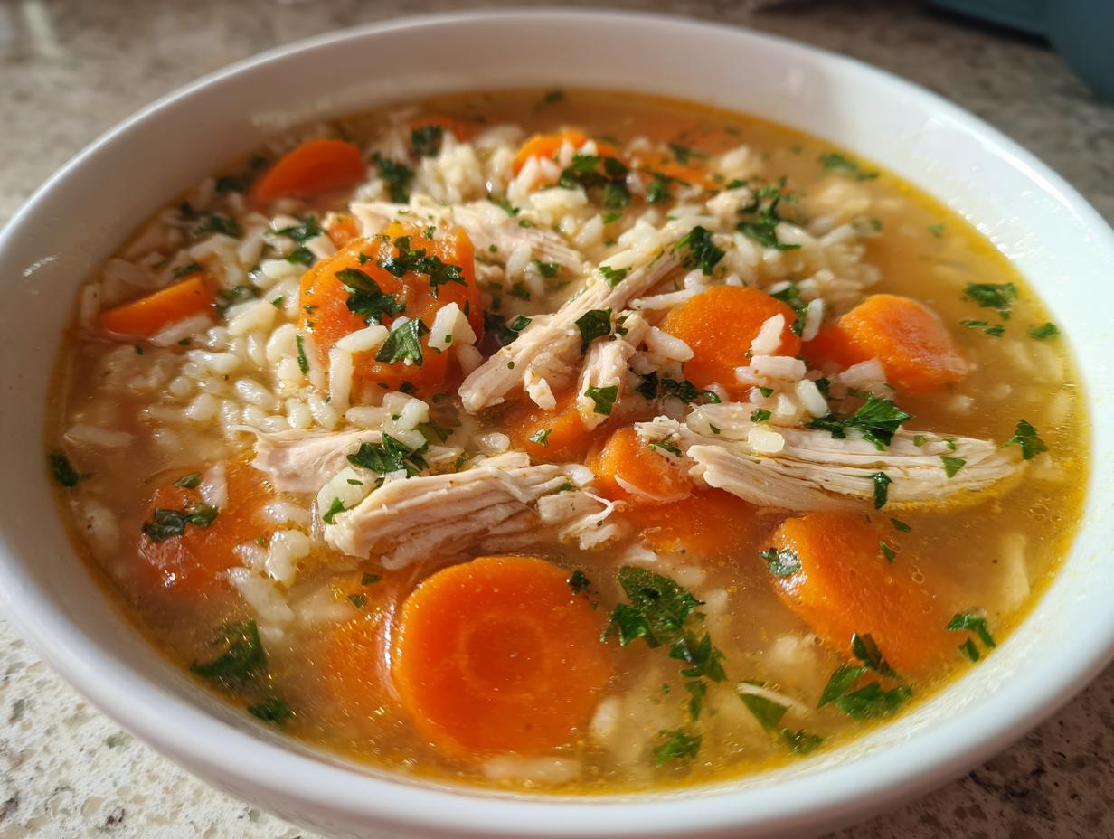 Close-up of a bowl of delicious turkey soup featuring shredded turkey, white rice, bright orange carrots, and parsley garnish.